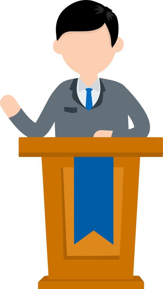 Presidential election. Man politician stand behind the podium. Male speech. Lecturer in a suit. Cartoon flat illustration. Blue candidate. Debate and discussion vector
