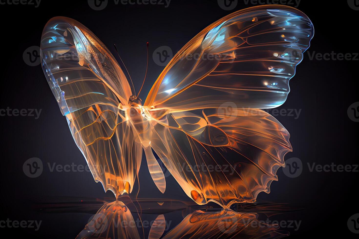 hermosa cristal mariposa de cerca con rayos de sol. vaso transparente mágico criatura, vidrioso alas generativo ai diseño foto