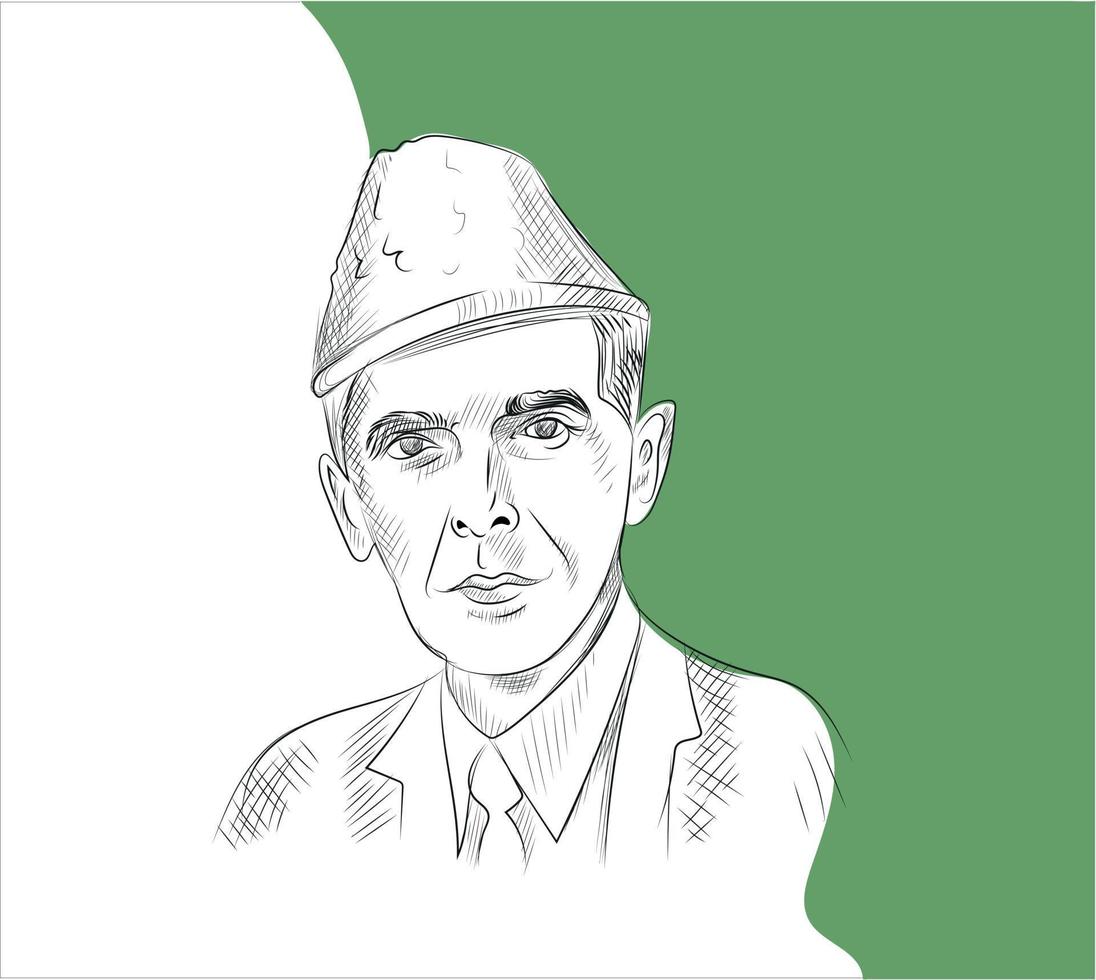 quaid mi azam Mahoma Ali Jinnah mano dibujar bosquejo con bandera vector ilustración