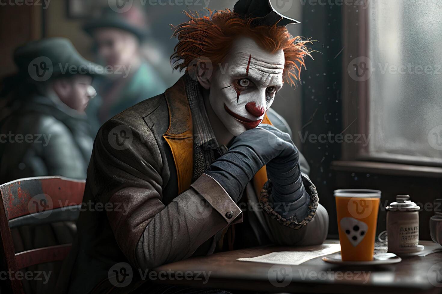 Clown sitting with serious face, evil clown. Fools day illustration, photo