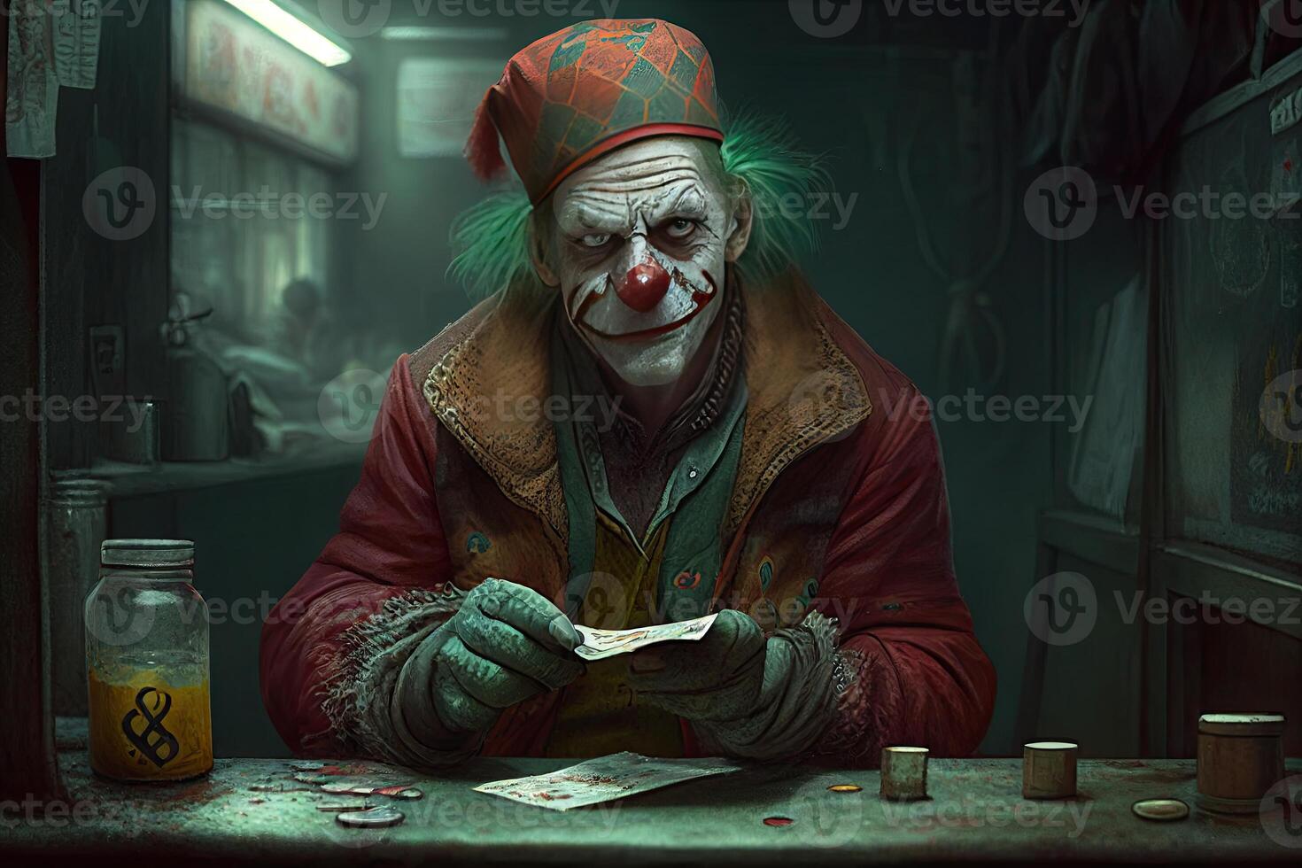 Clown sitting with serious face, evil clown. Fools day illustration, photo