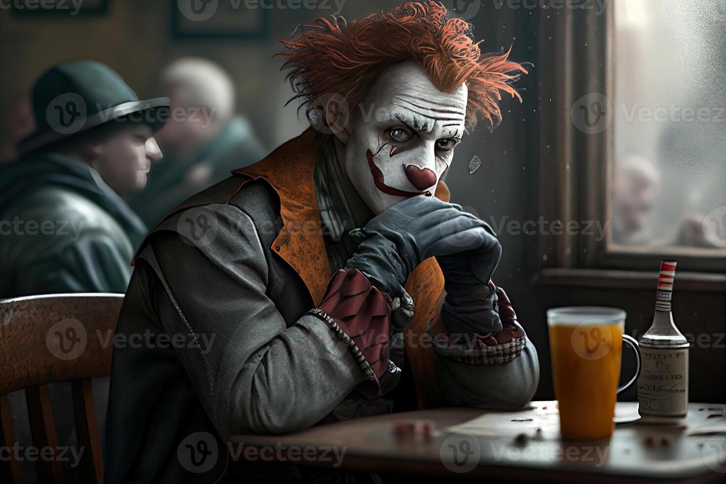 Clown sitting with serious face, evil clown. Fools day illustration ...