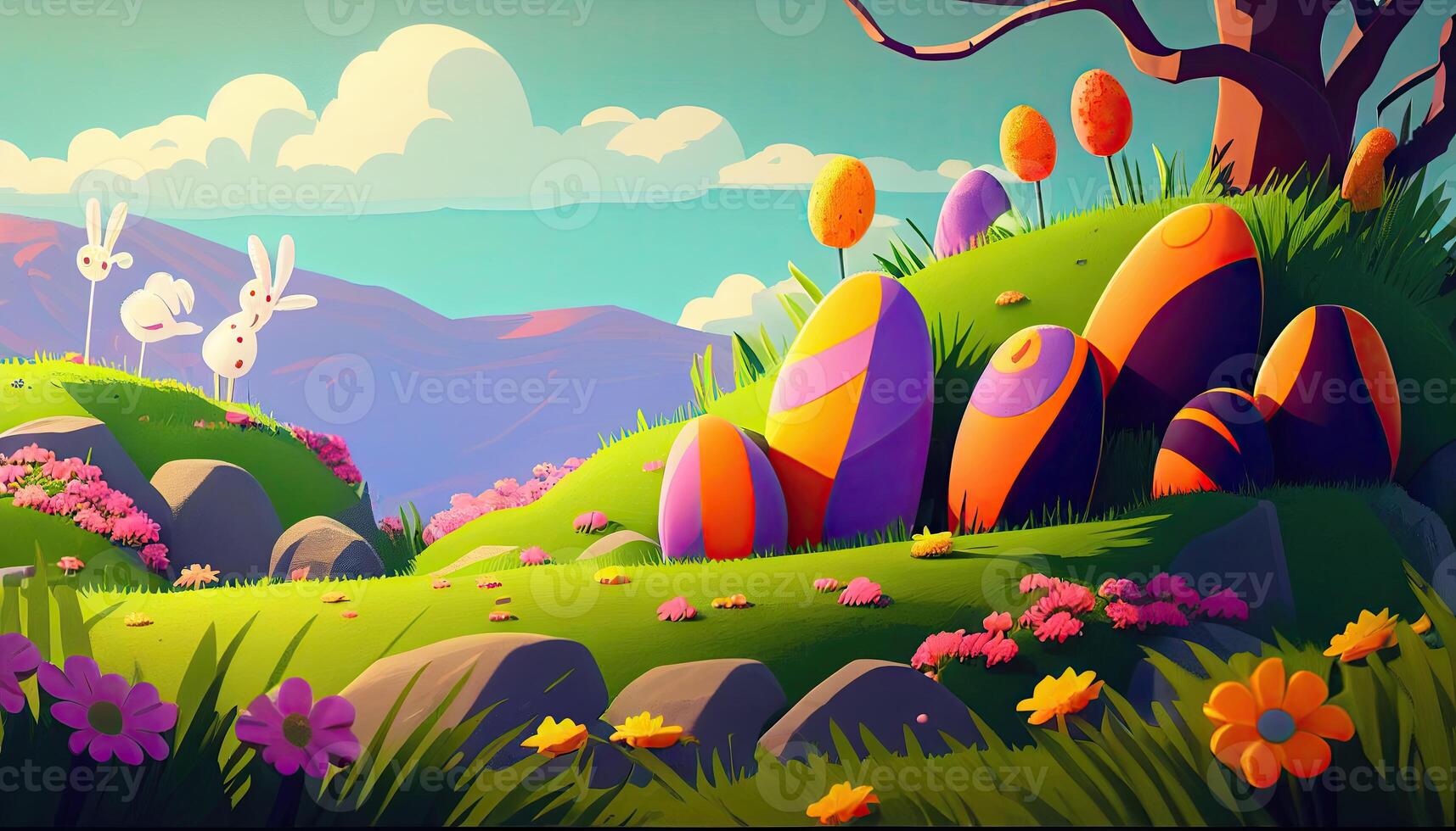 Easter holiday background. Easter eggs illustration backdrop with copy space. photo