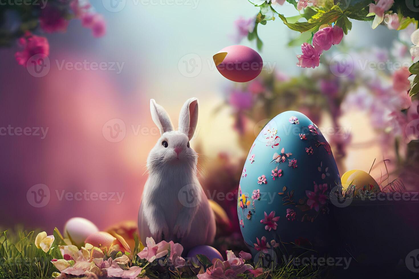 Easter holiday background. Easter eggs illustration backdrop with copy space. photo