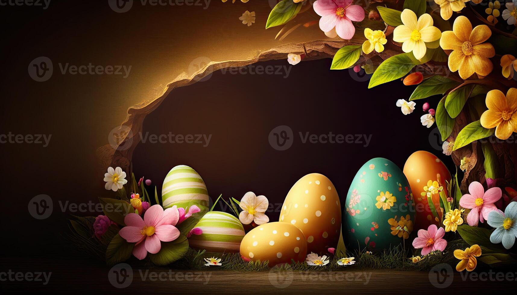 Easter holiday background. Easter eggs illustration backdrop with copy space. photo