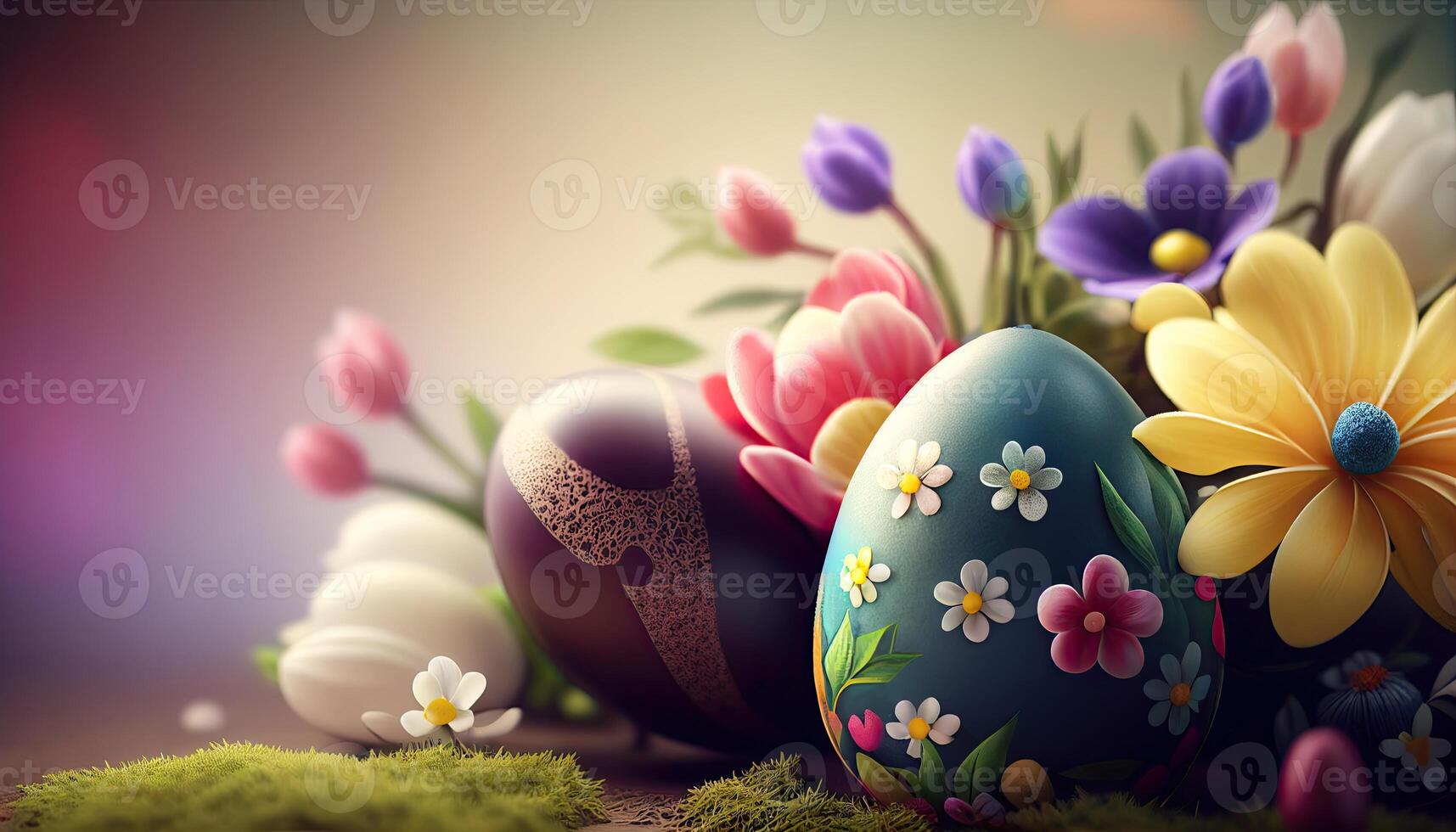 Easter holiday background. Easter eggs illustration backdrop with copy space. photo