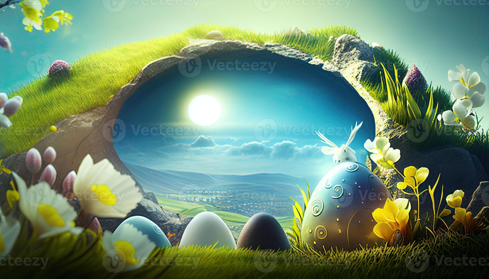 Easter holiday background. Easter eggs illustration backdrop with copy space. photo