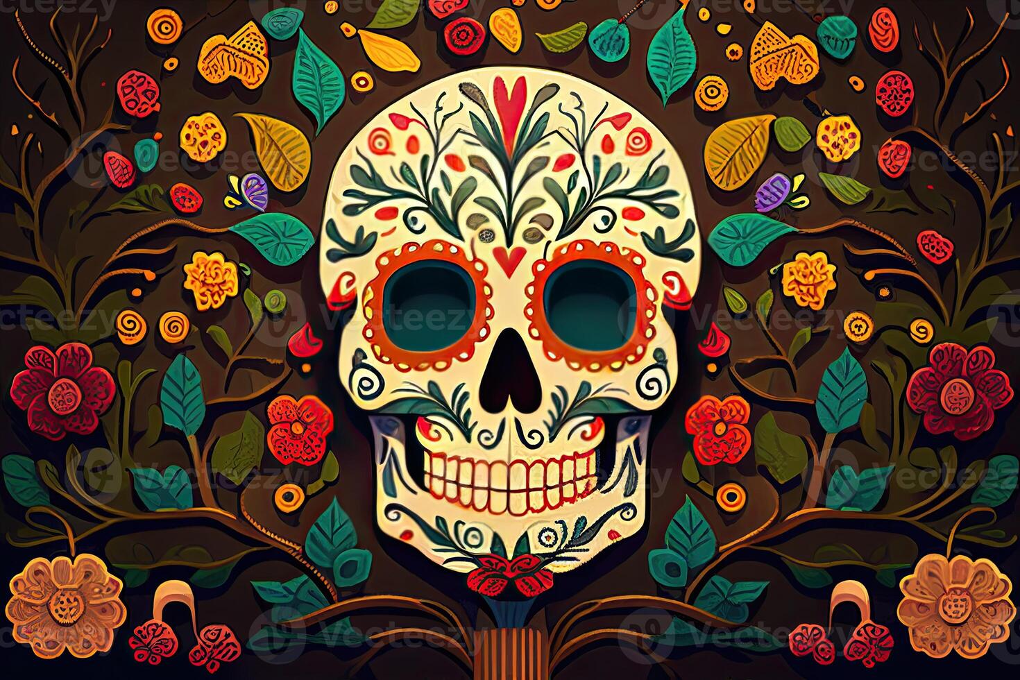 Dia De Los Muertos Background Day of the Dead Art Decoration, Bones Skull Flower Ornament Holiday Wallpaper, photo