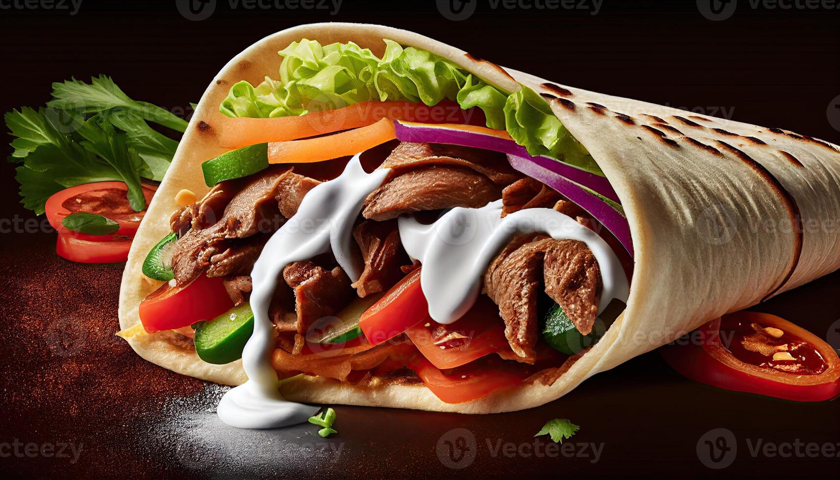 Tasty Doner Kebab Shawarma Roll Wrap Illustration. Food photo