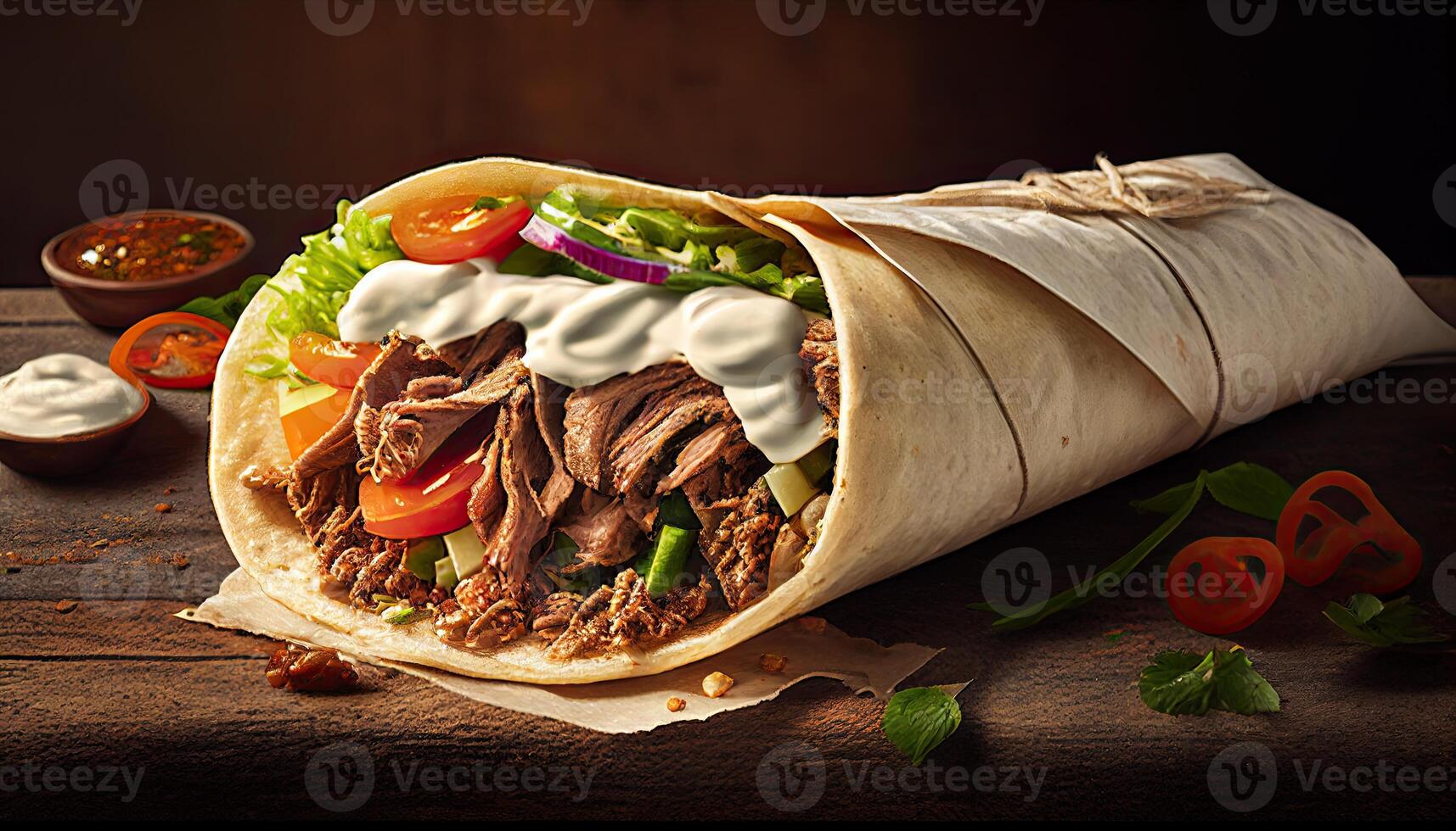 Tasty Doner Kebab Shawarma Roll Wrap Illustration. Food photo