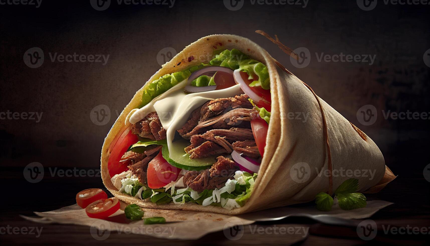 sabroso doner brocheta shawarma rodar envolver ilustración. generativo ai comida foto