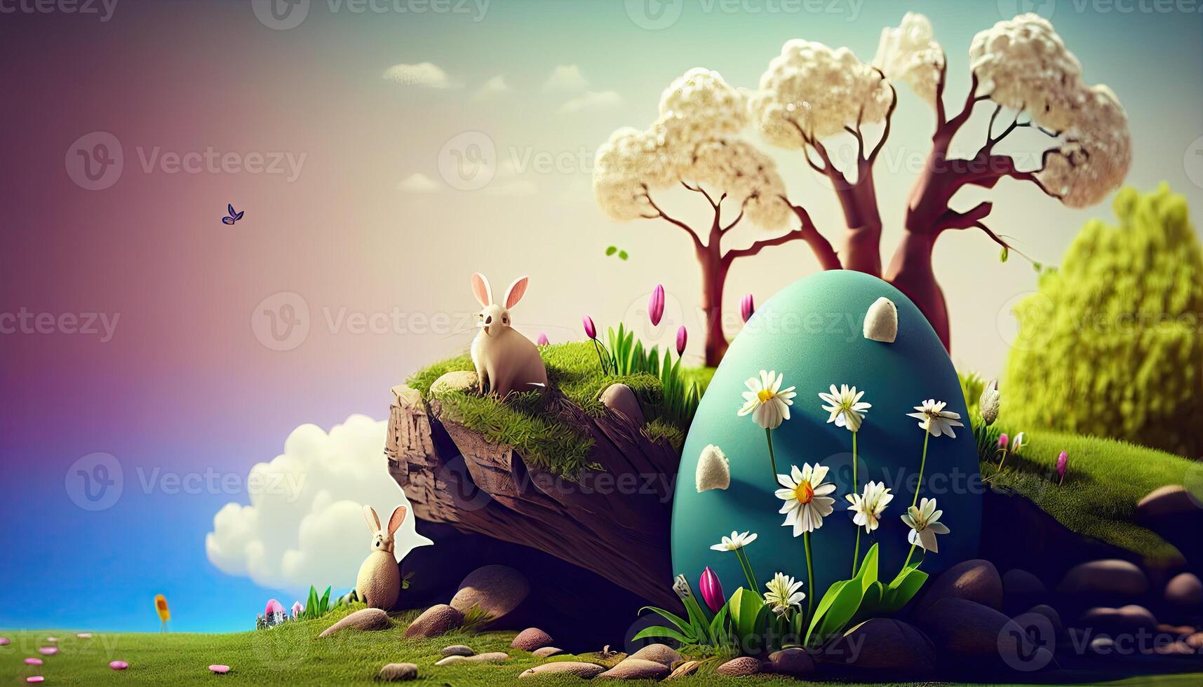 Easter holiday background. Easter eggs illustration backdrop with copy space. photo