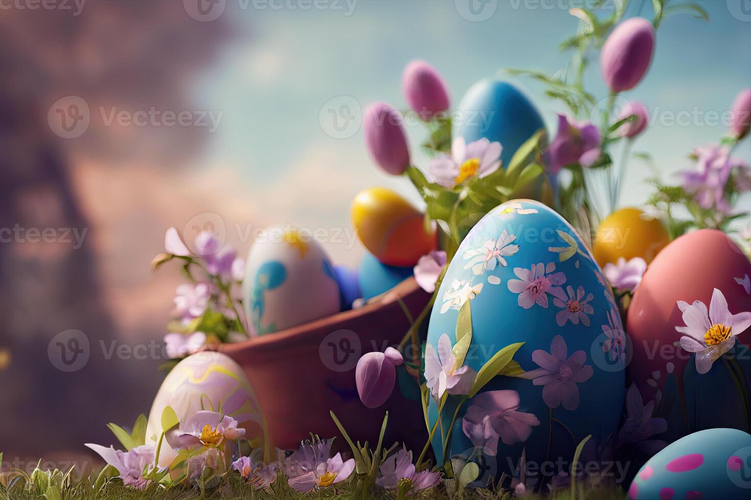 Easter holiday background. Easter eggs illustration backdrop with copy space. photo