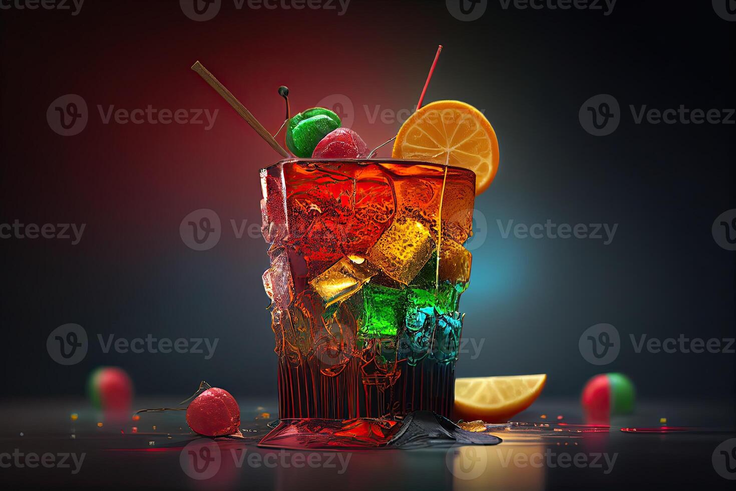 Trendy alcoholic cocktail with colorful ingredients. photo