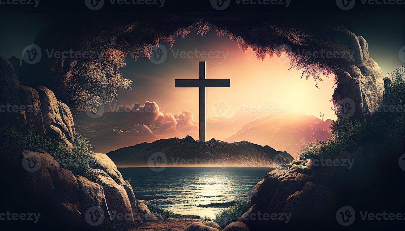 Religion landscape background, christian cross on nature backdrop, photo