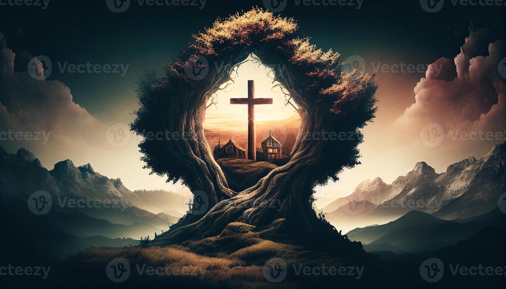 Religion landscape background, christian cross on nature backdrop, photo