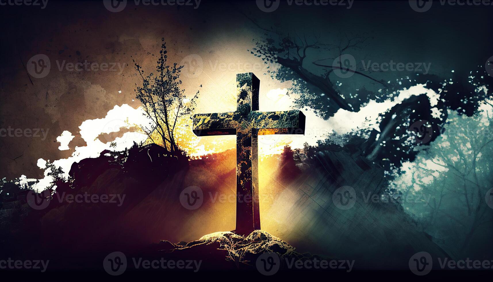 Religion landscape background, christian cross on nature backdrop, photo