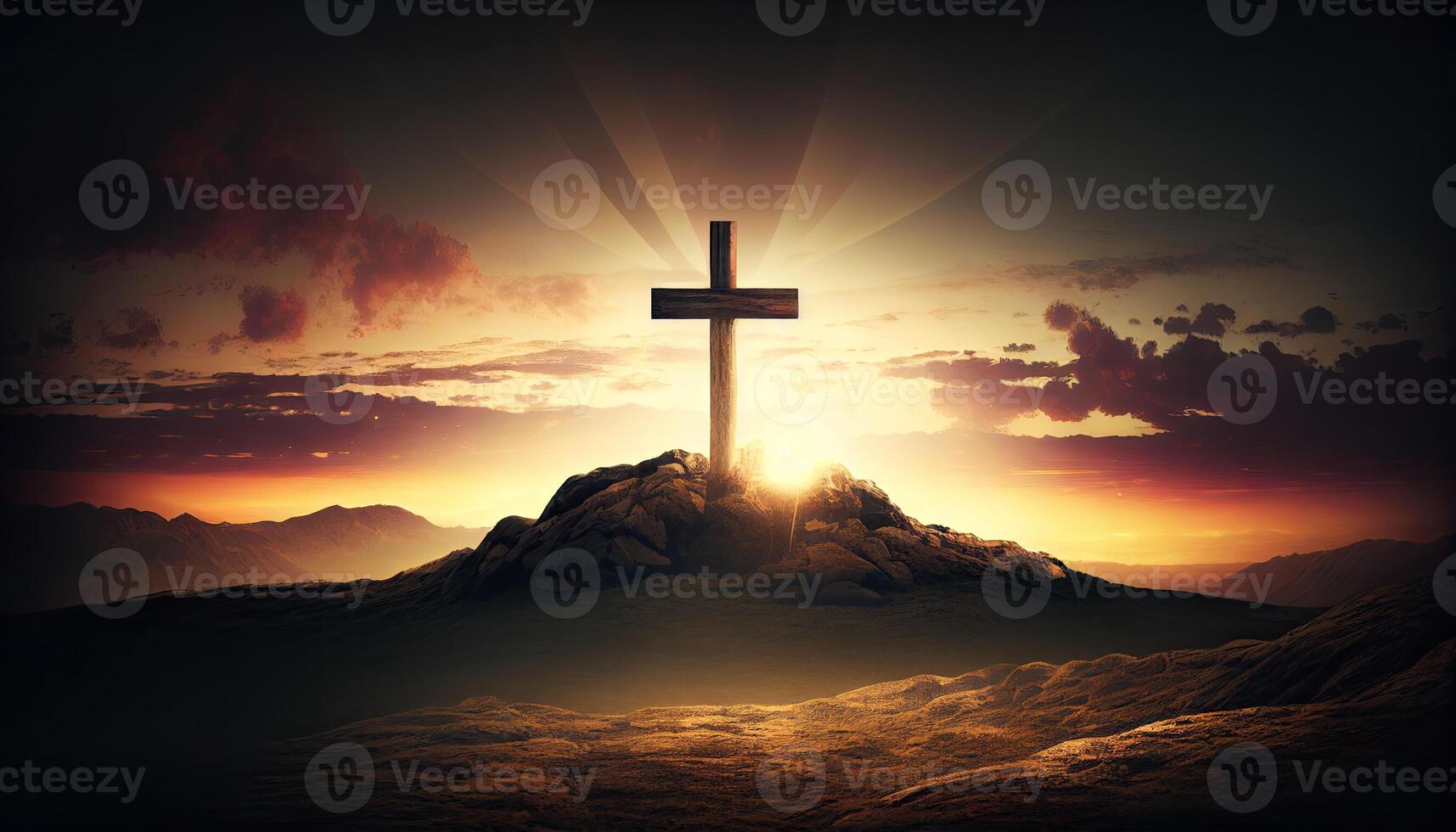 Religion landscape background, christian cross on nature backdrop