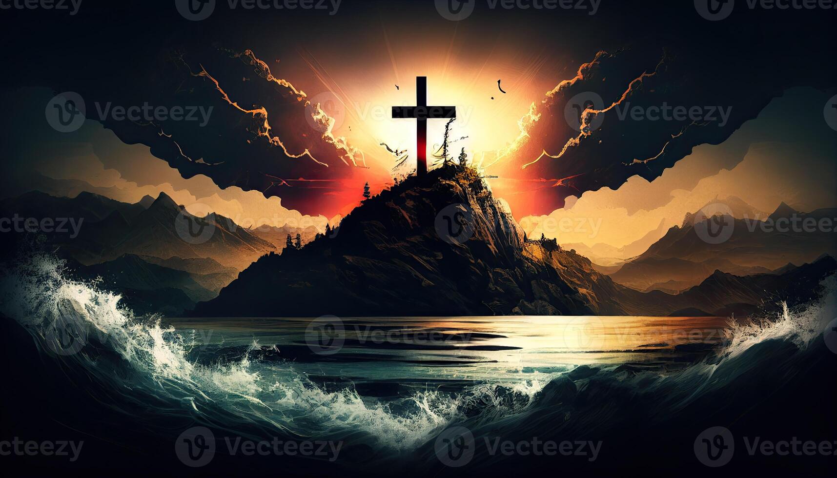 Religion landscape background, christian cross on nature backdrop, photo