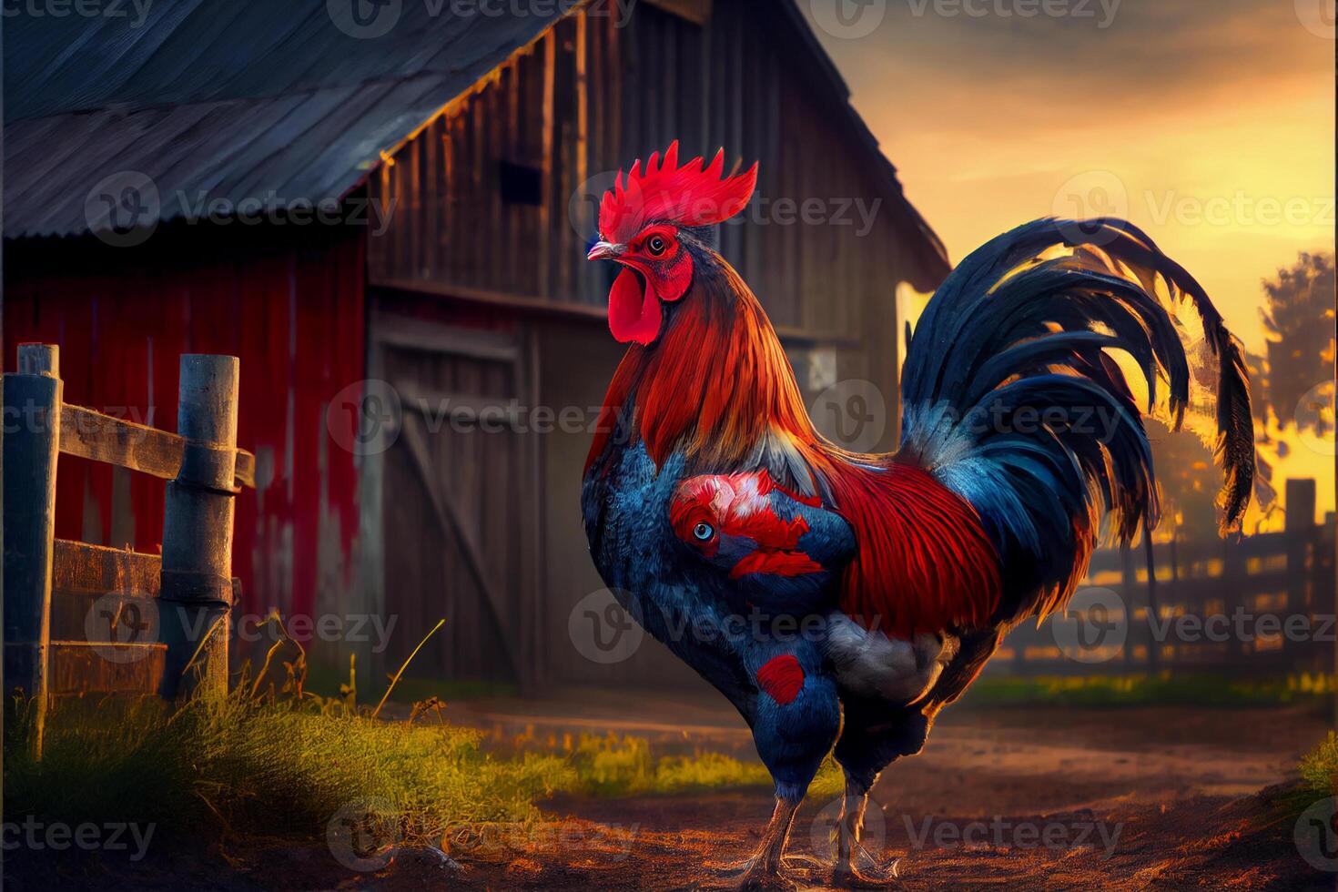 bright rooster on the farm. bird in the countryside. photo