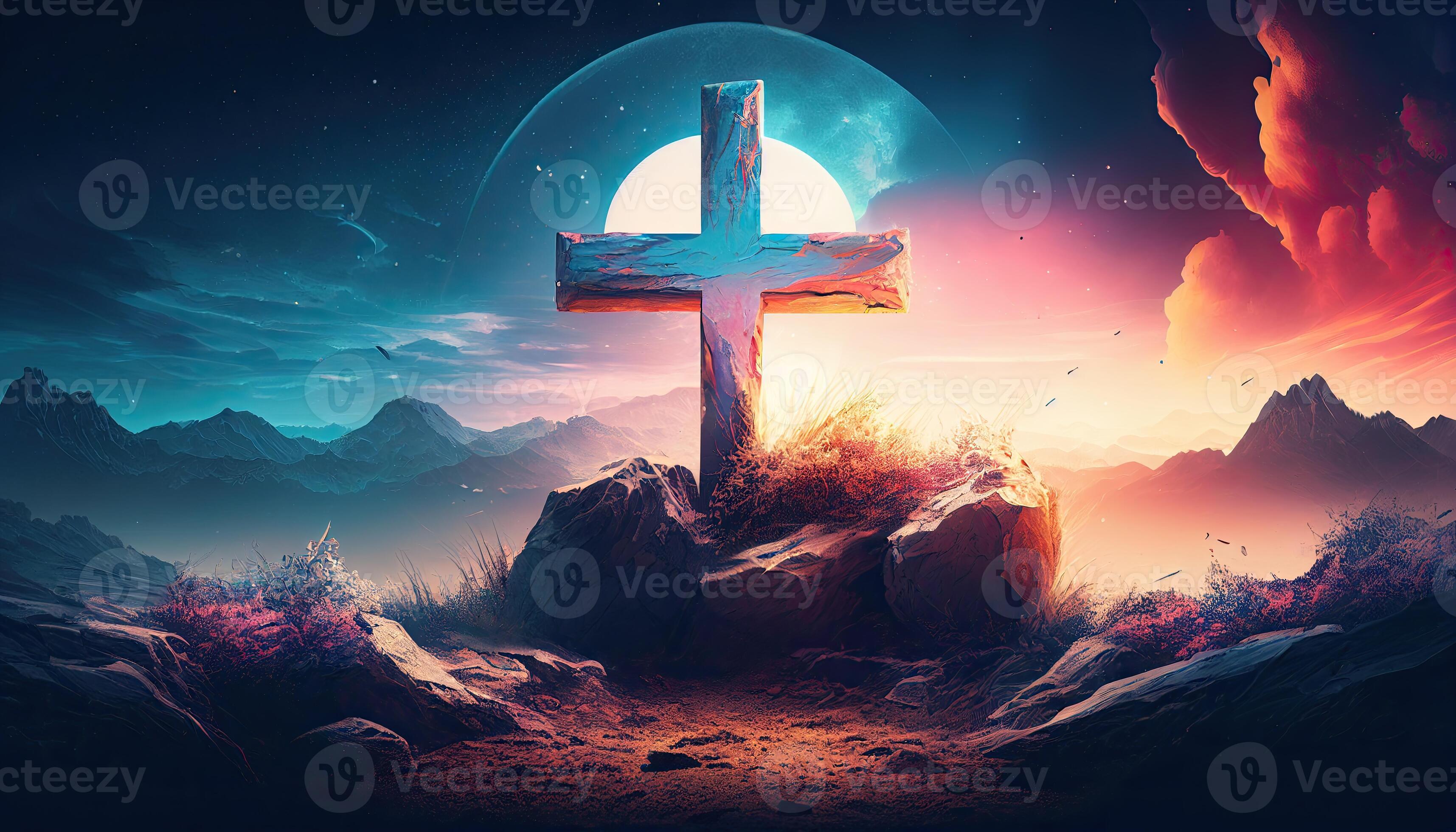 Religion landscape background, christian cross on nature backdrop