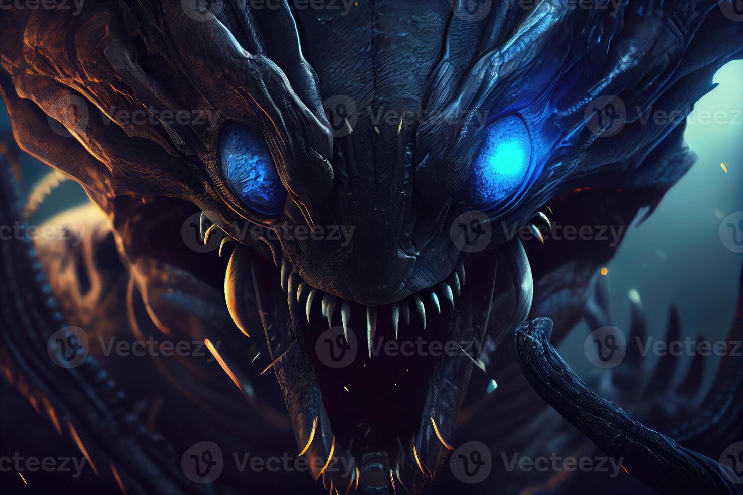Scary dangerous alien portrait, dark background, glowing eyes. Alien battle photo