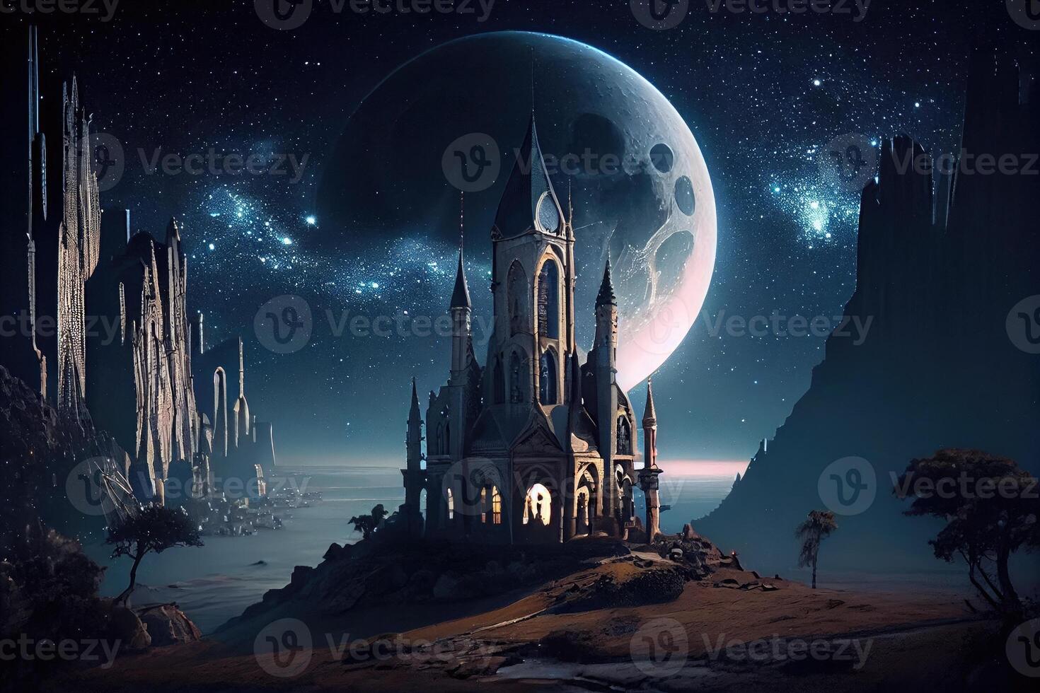 Magical gothic school cathedral at night with huge moon background, photo