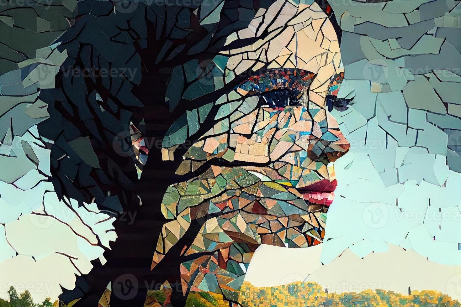 mujer cara hecho desde árbol follaje y cielo, mosaico retrato generativo ai foto