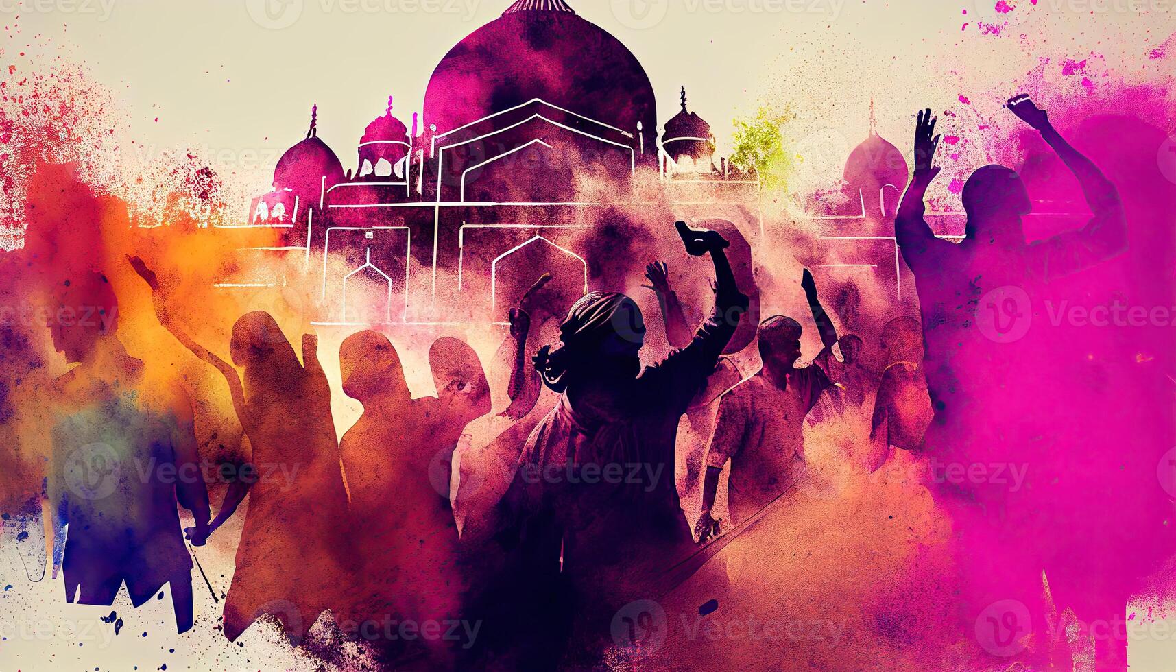 Holi celebration illustration, holiday festive. Colorful paint and powder photo