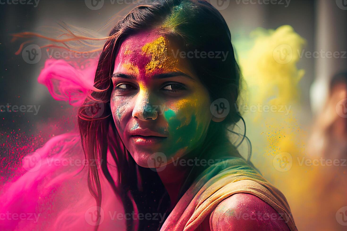 Holi Holiday Celebration Background with Person Portrait in Purple Pink Paint on Face, photo