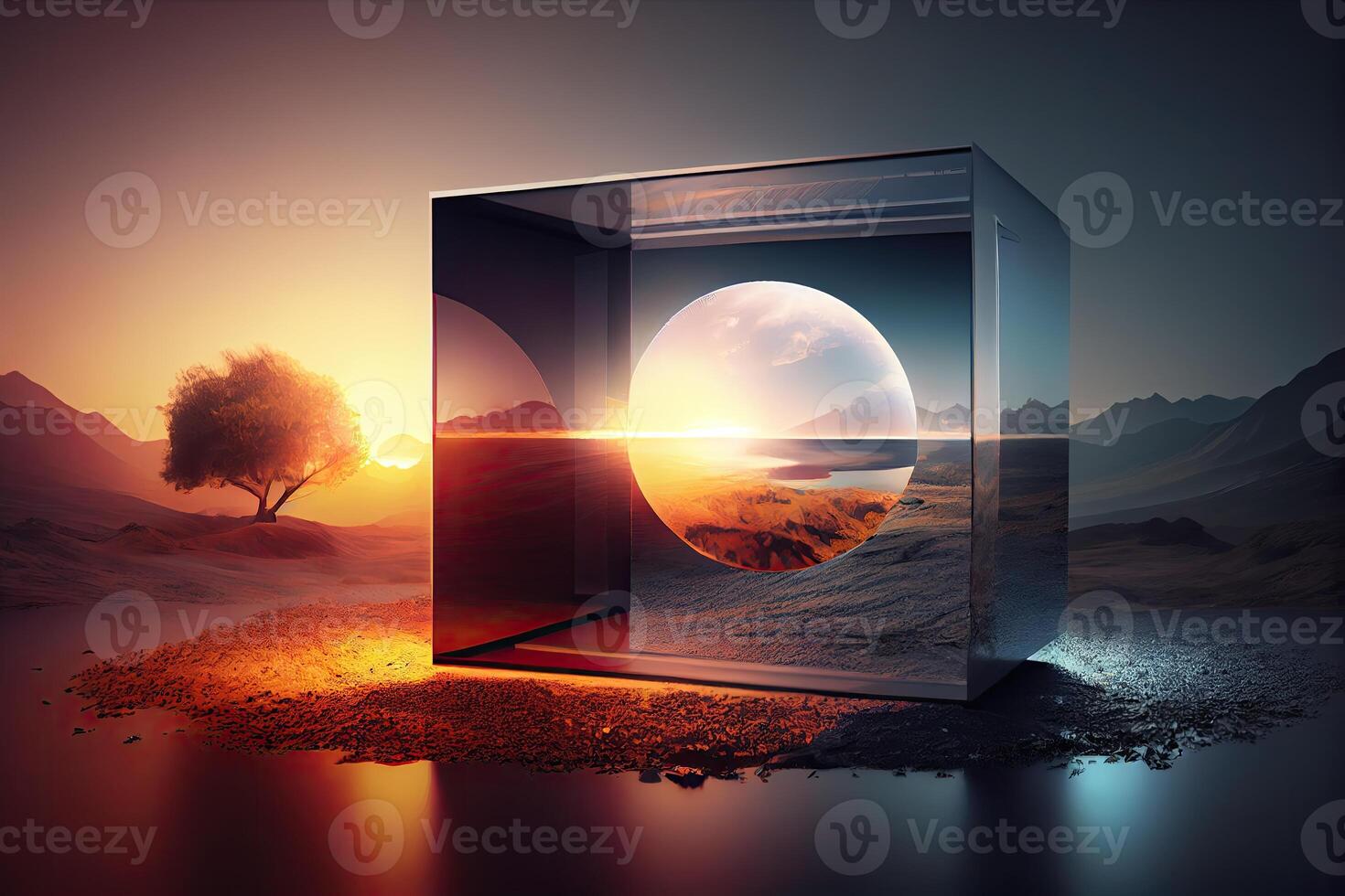 Immersive experience concept, metaverse illustration, nature landscape with abstract cube photo