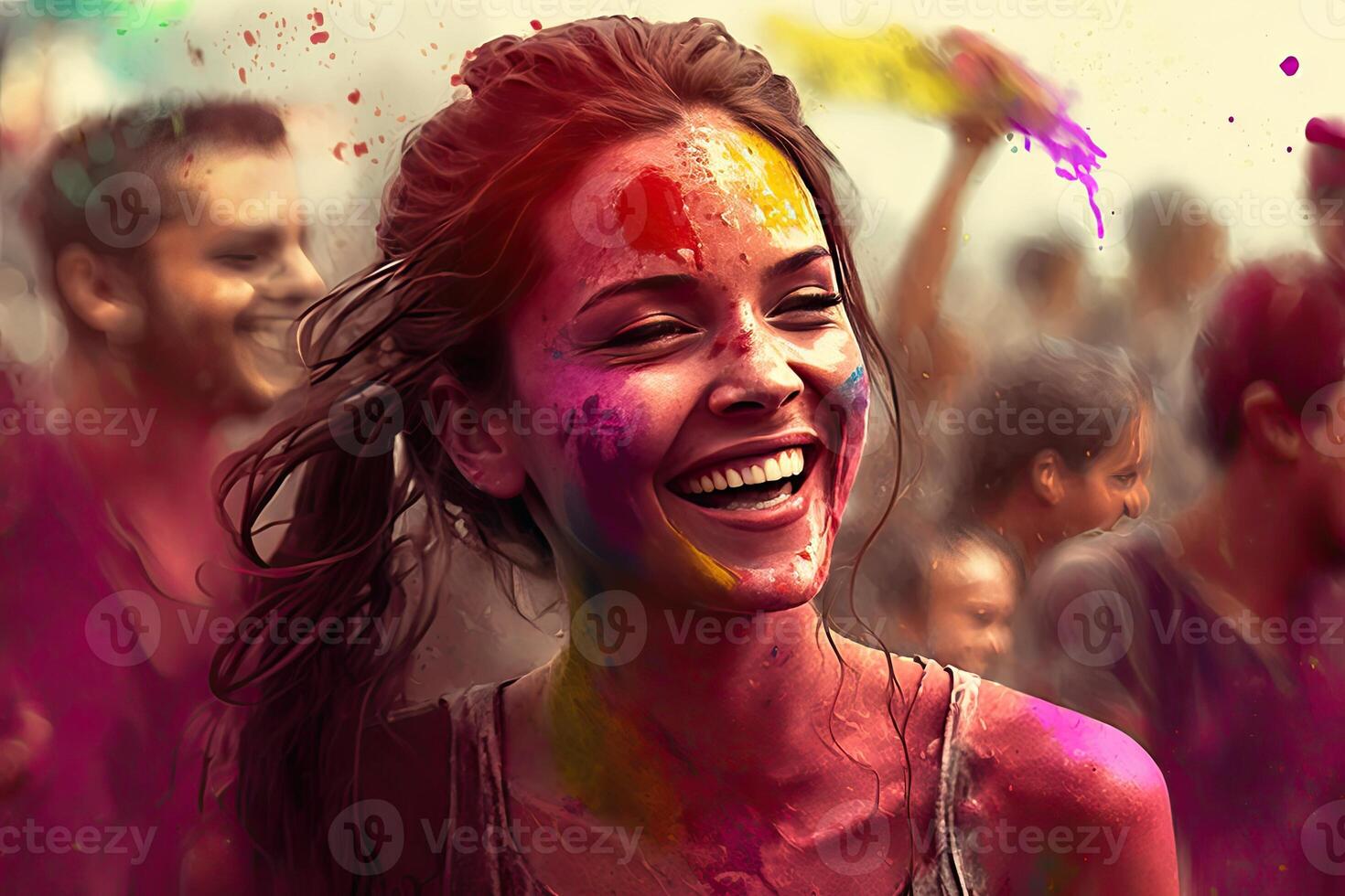 Holi Holiday Celebration Background with Person Portrait in Purple Pink Paint on Face, photo