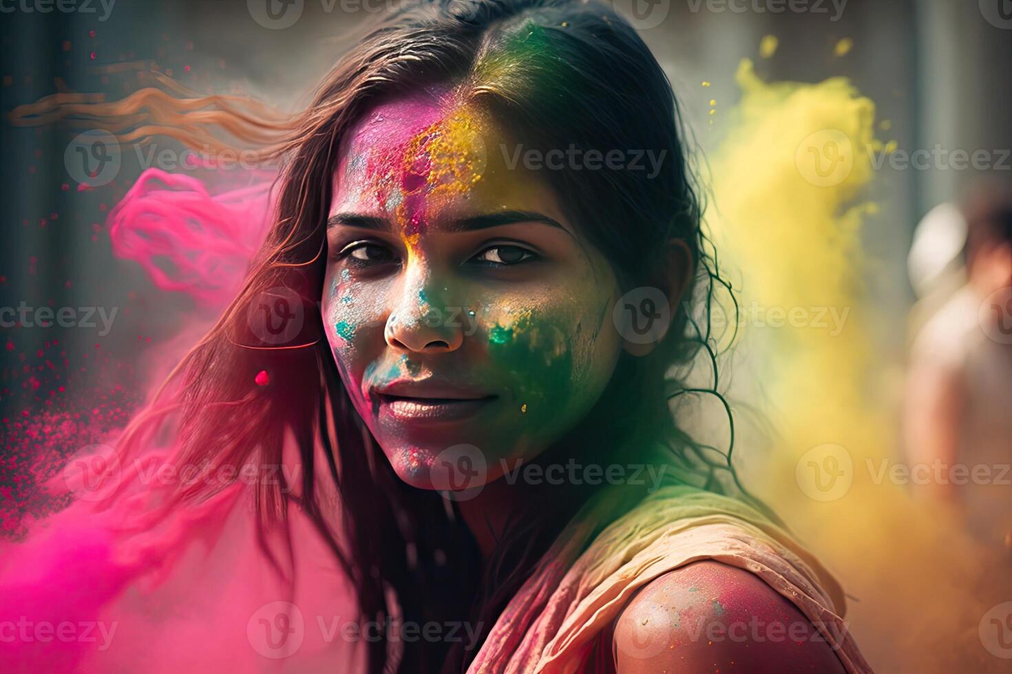 holi fiesta celebracion antecedentes con persona retrato en púrpura rosado pintar en rostro, generativo ai foto