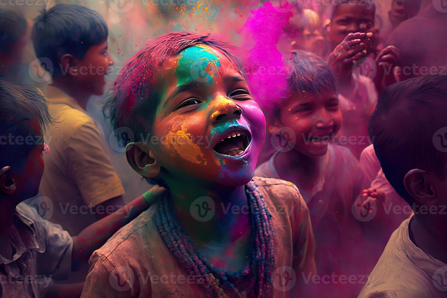 Holi Holiday Celebration Background with Person Portrait in Purple Pink Paint on Face, photo