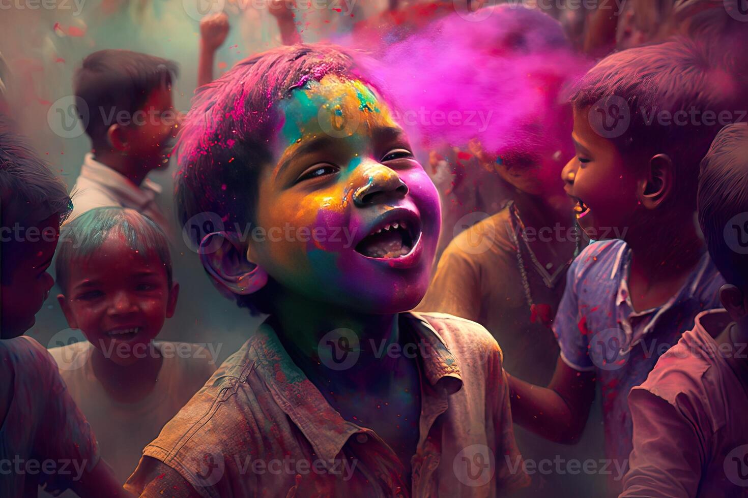 Holi Holiday Celebration Background with Person Portrait in Purple Pink Paint on Face, photo