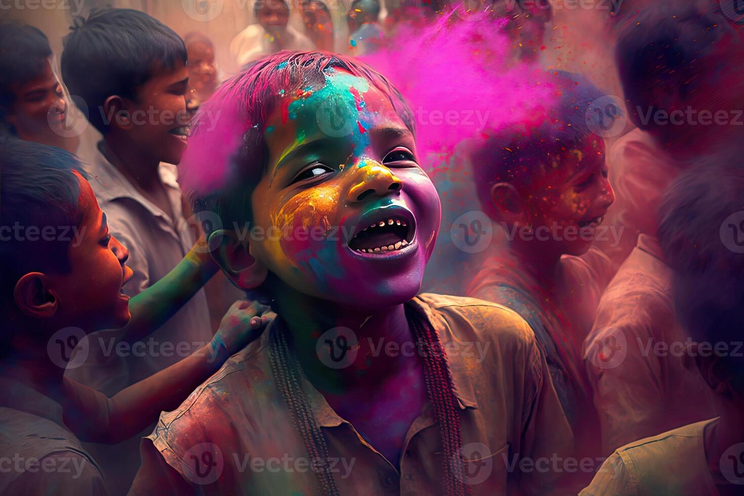 Holi Holiday Celebration Background with Person Portrait in Purple Pink Paint on Face, photo