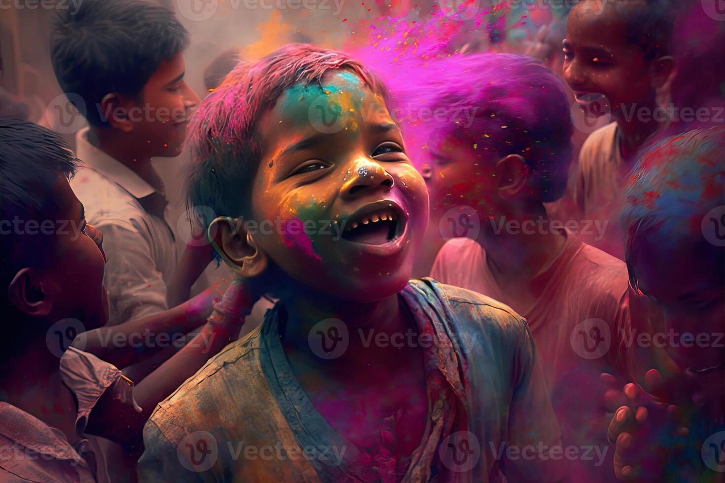 Holi Holiday Celebration Background with Person Portrait in Purple Pink Paint on Face, photo