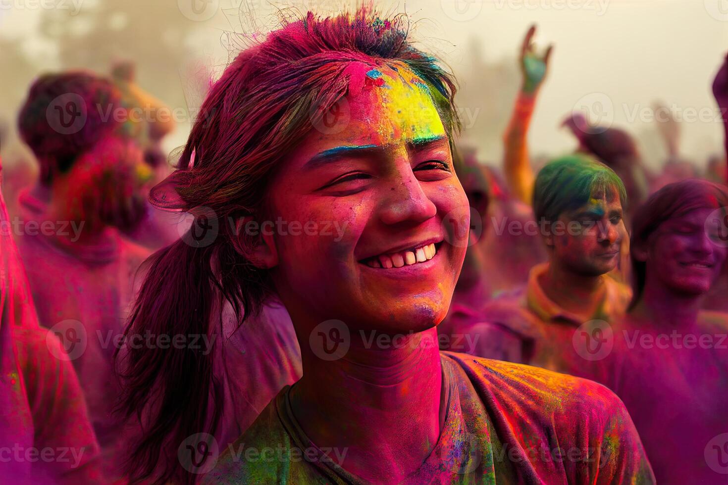 Holi Holiday Celebration Background with Person Portrait in Purple Pink Paint on Face, photo