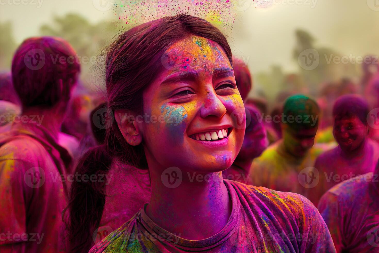 Holi Holiday Celebration Background with Person Portrait in Purple Pink Paint on Face, photo