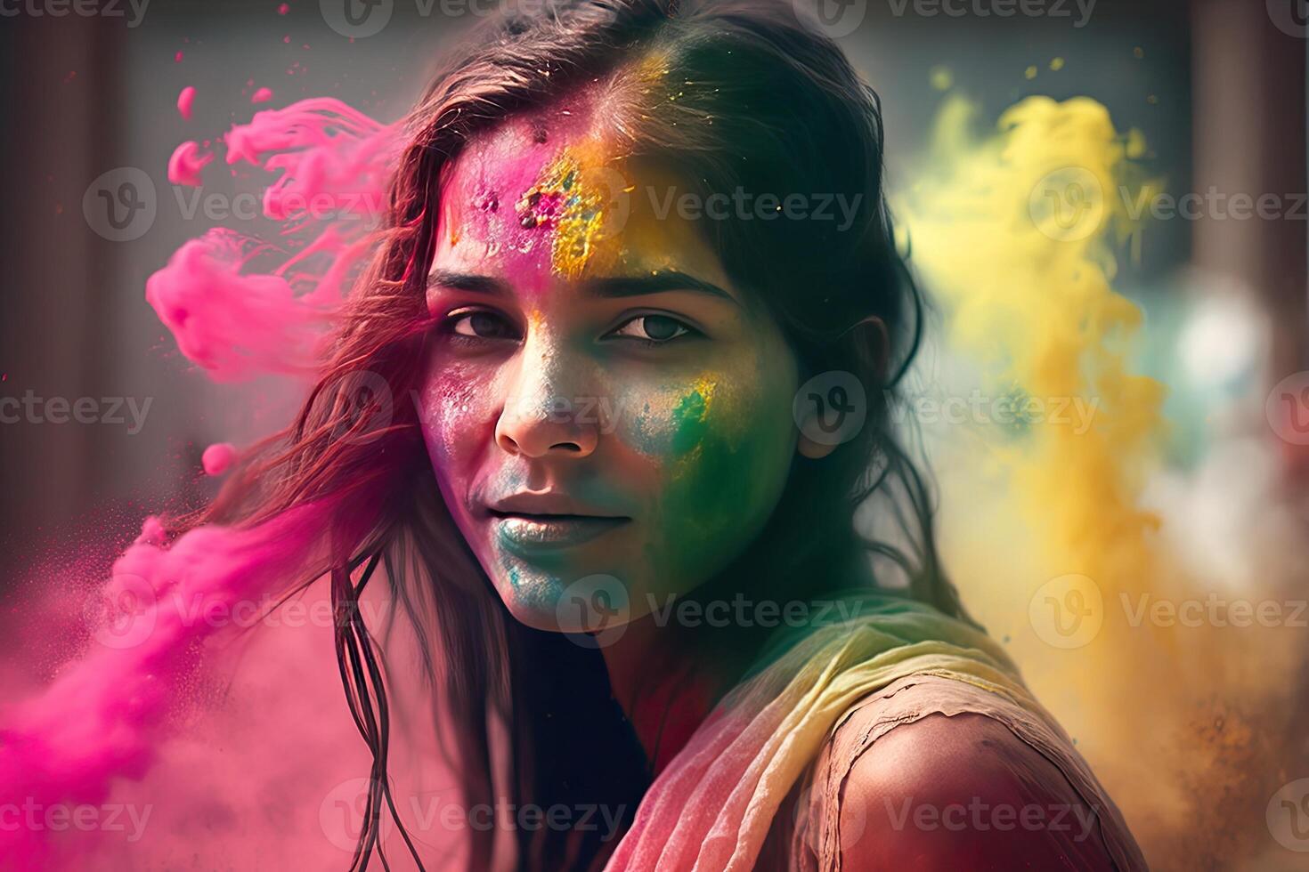 Holi Holiday Celebration Background with Person Portrait in Purple Pink Paint on Face, photo