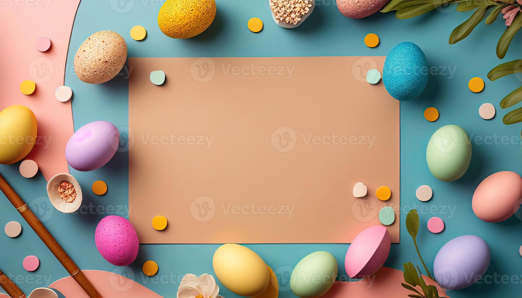 Easter holiday background. Easter eggs illustration backdrop with copy space. photo