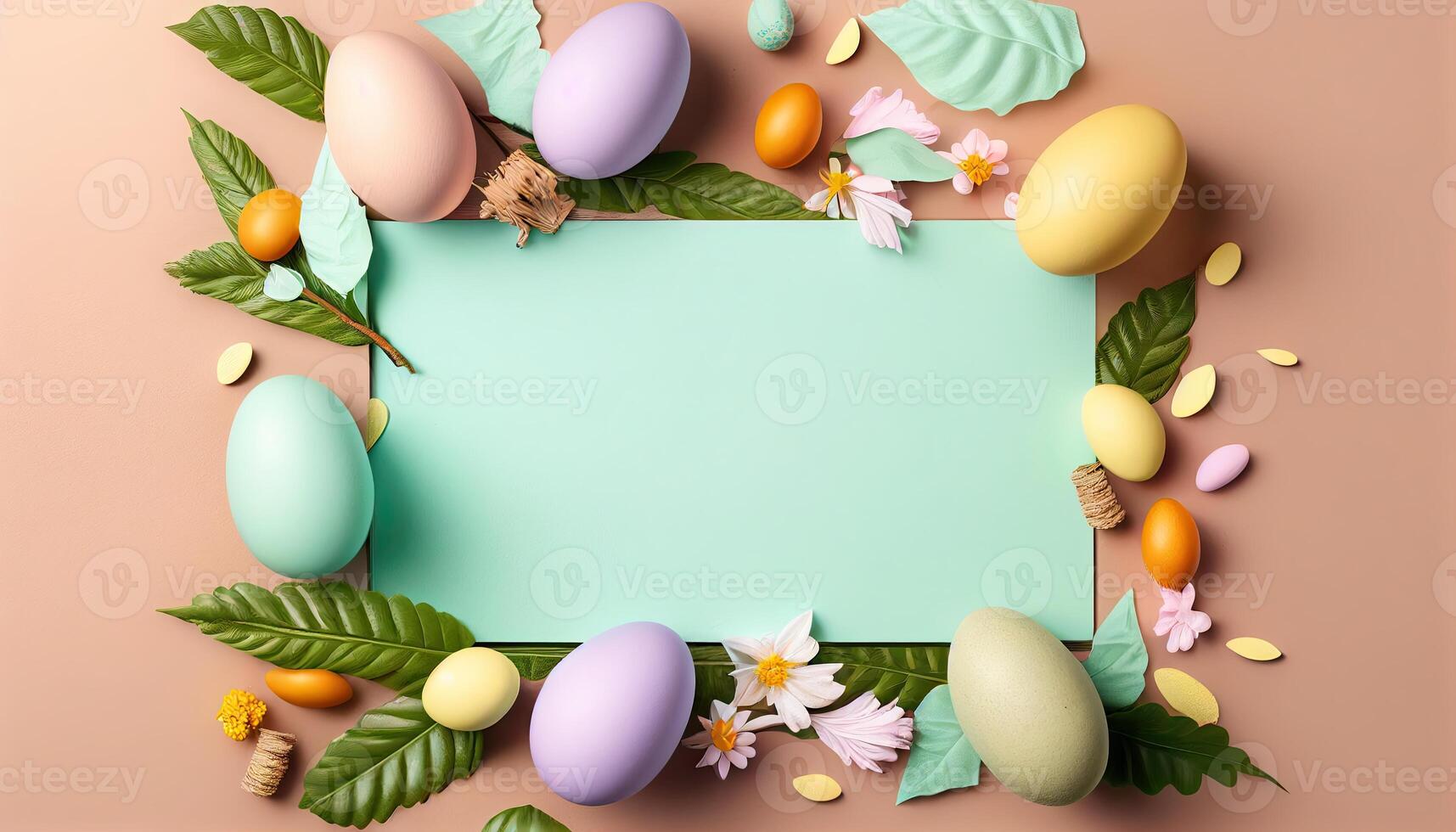 Easter holiday background. Easter eggs illustration backdrop with copy space. photo