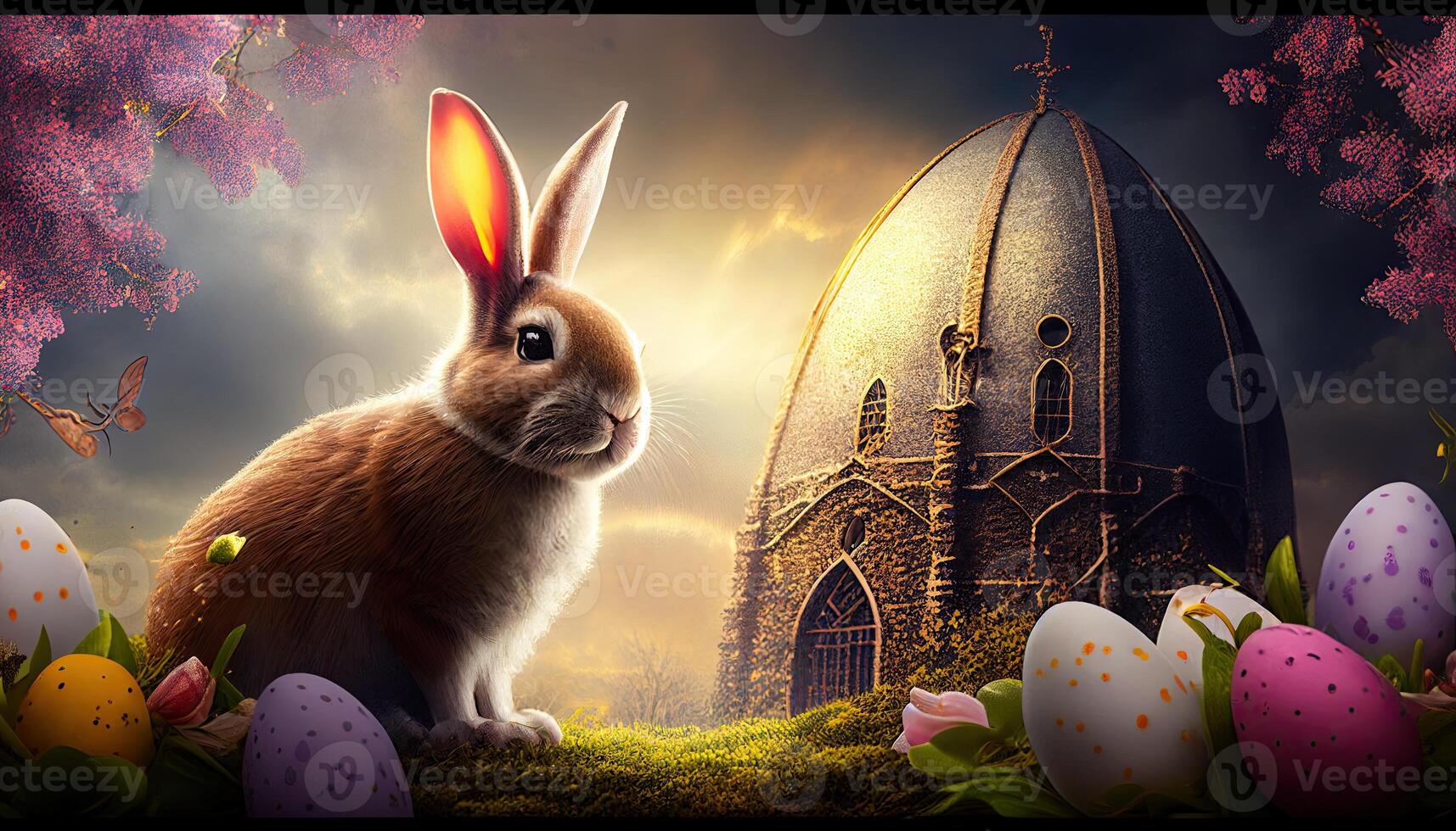 Easter holiday background. Easter eggs illustration backdrop with copy space. photo