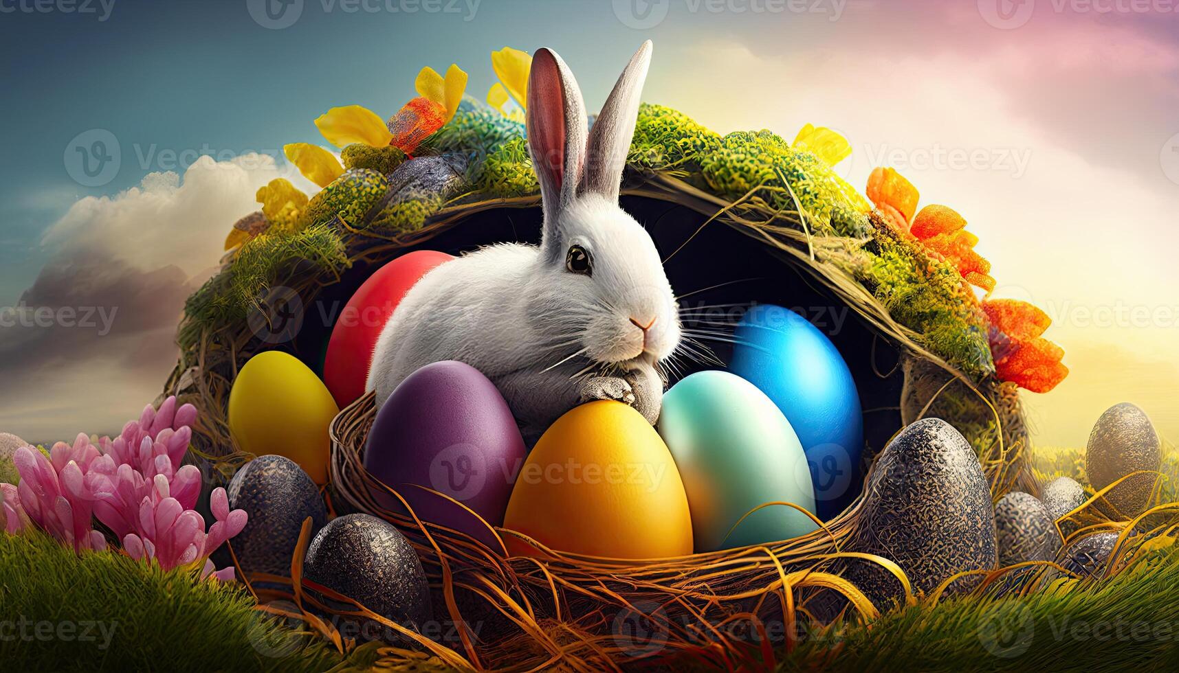 Easter holiday background. Easter eggs illustration backdrop with copy space. photo