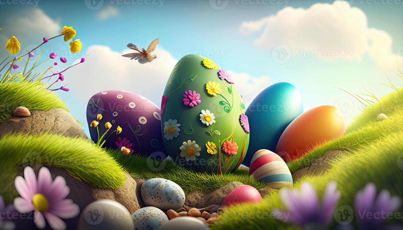 Easter holiday background. Easter eggs illustration backdrop with copy space. photo