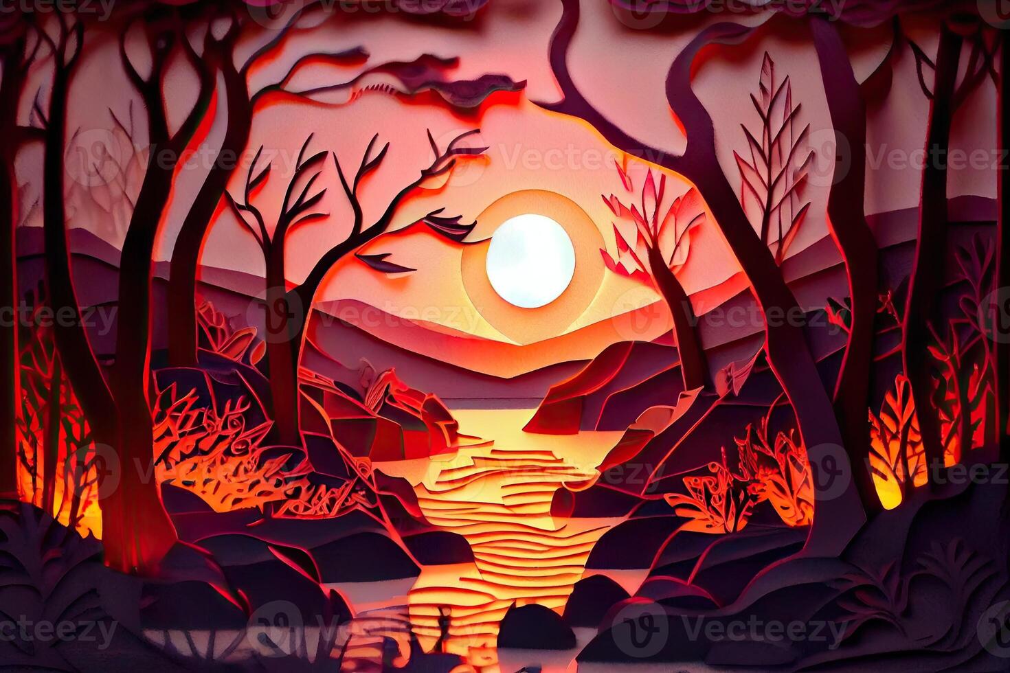 Orange cartoon anime design nature background, forest and sun at sunset. Landscape illustration photo