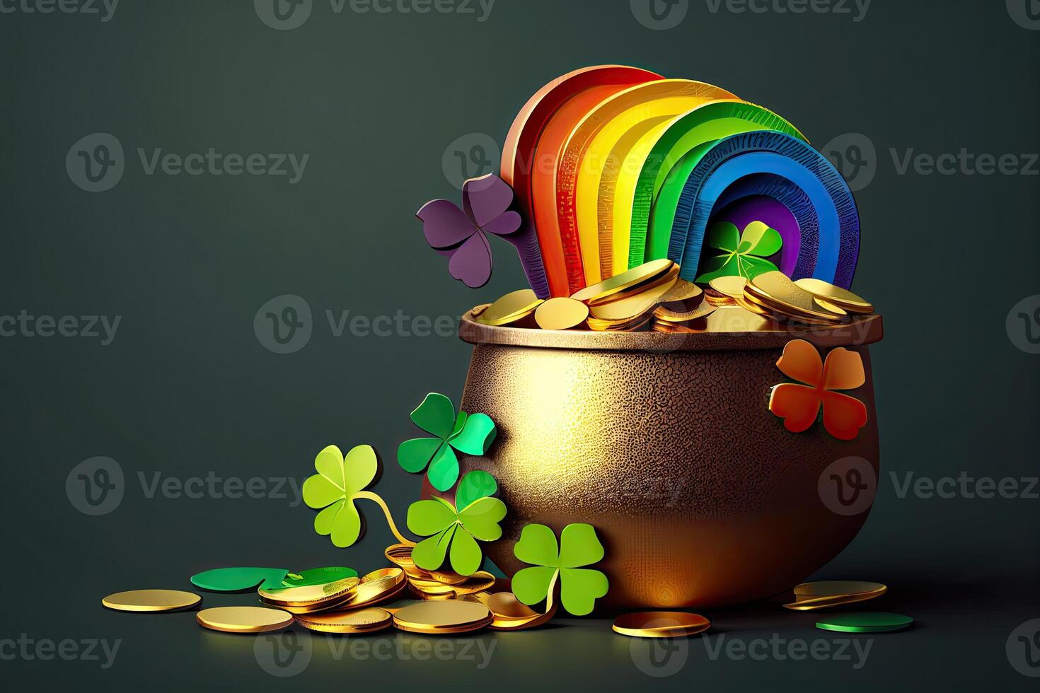 Green background with pot of gold coins, rainbow and clover leaves. photo