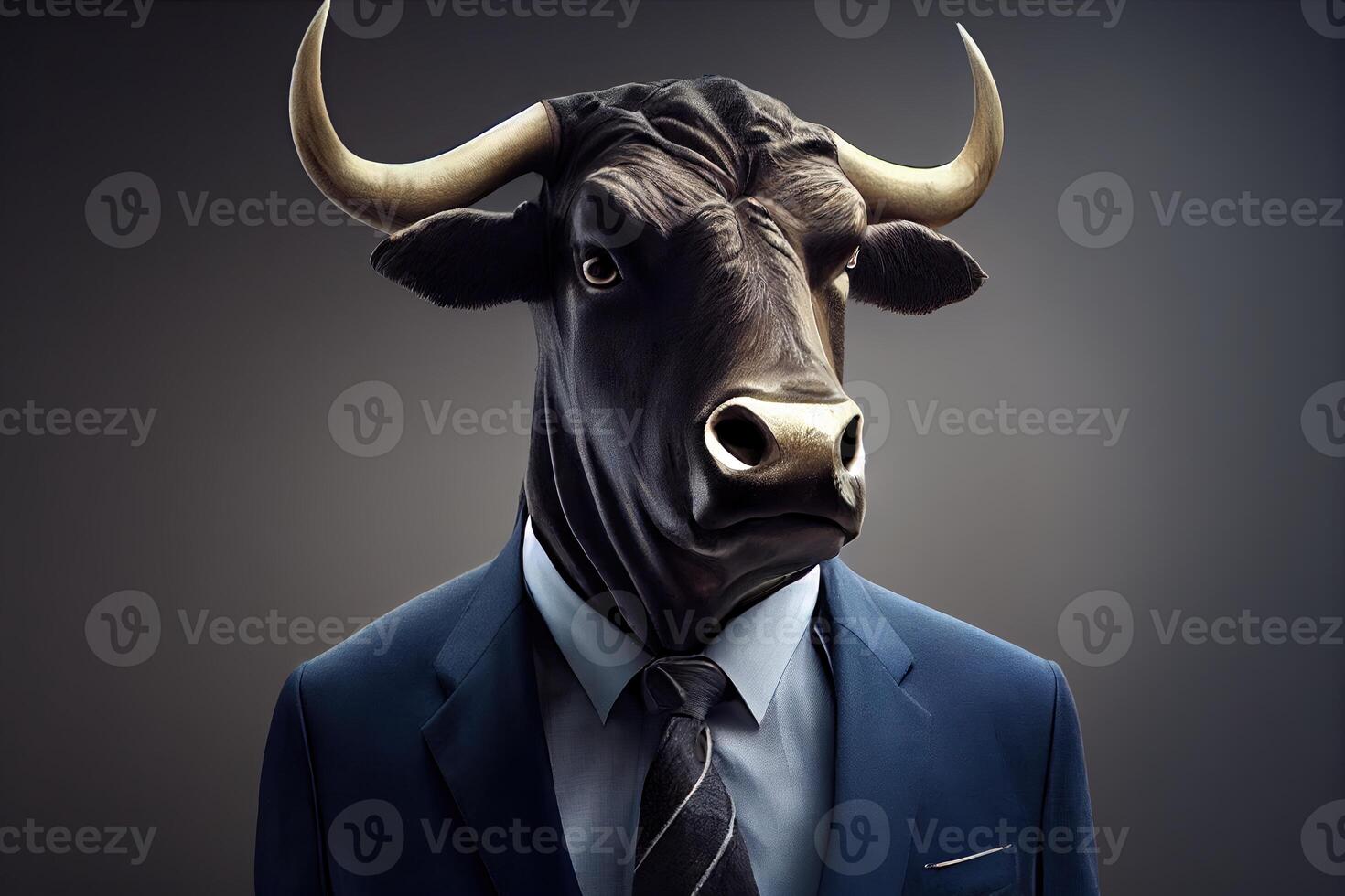 Bull in business office suit portrait. Bull market, stock market, photo