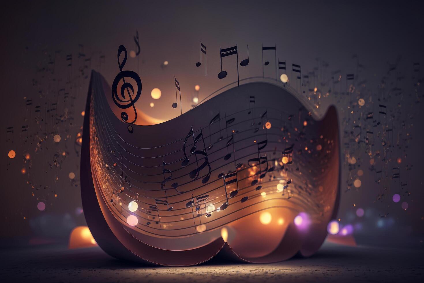 Colorful music notes background with sheet music, disc and treble clef. Illustration photo