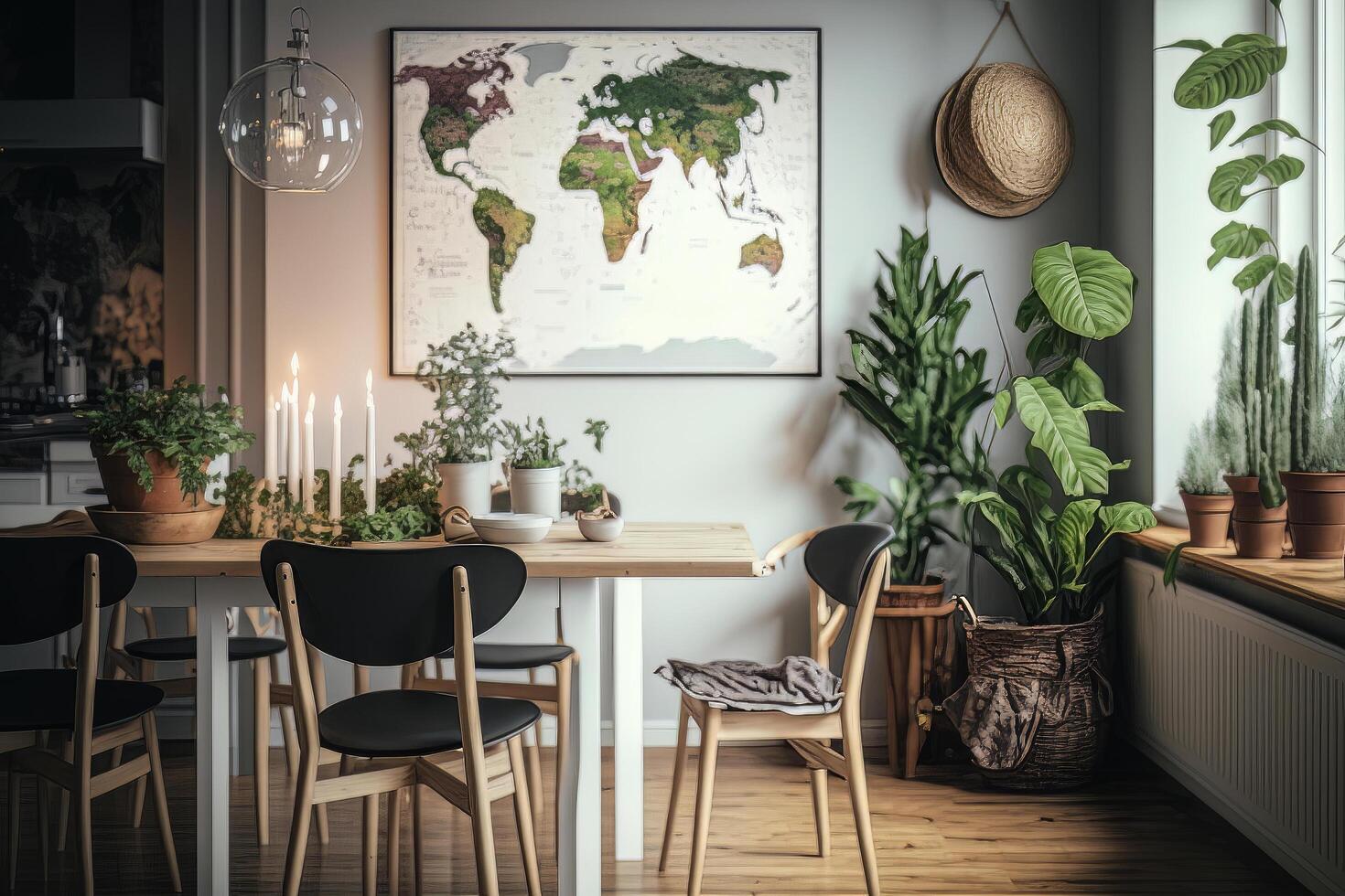 Stylish and botany interior of dining room. Illustration photo
